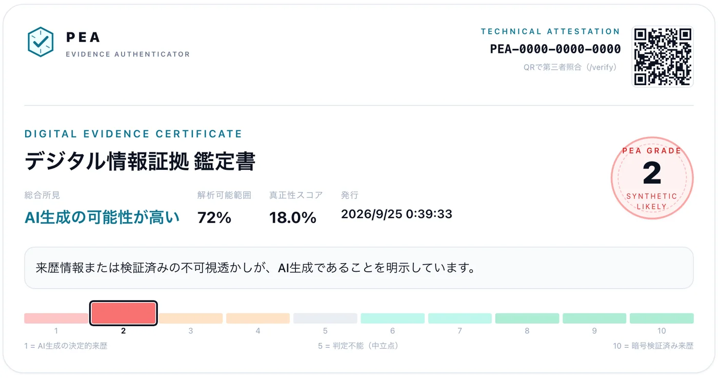 AI生成の可能性が高いと判定された鑑定結果の画面。グレード2