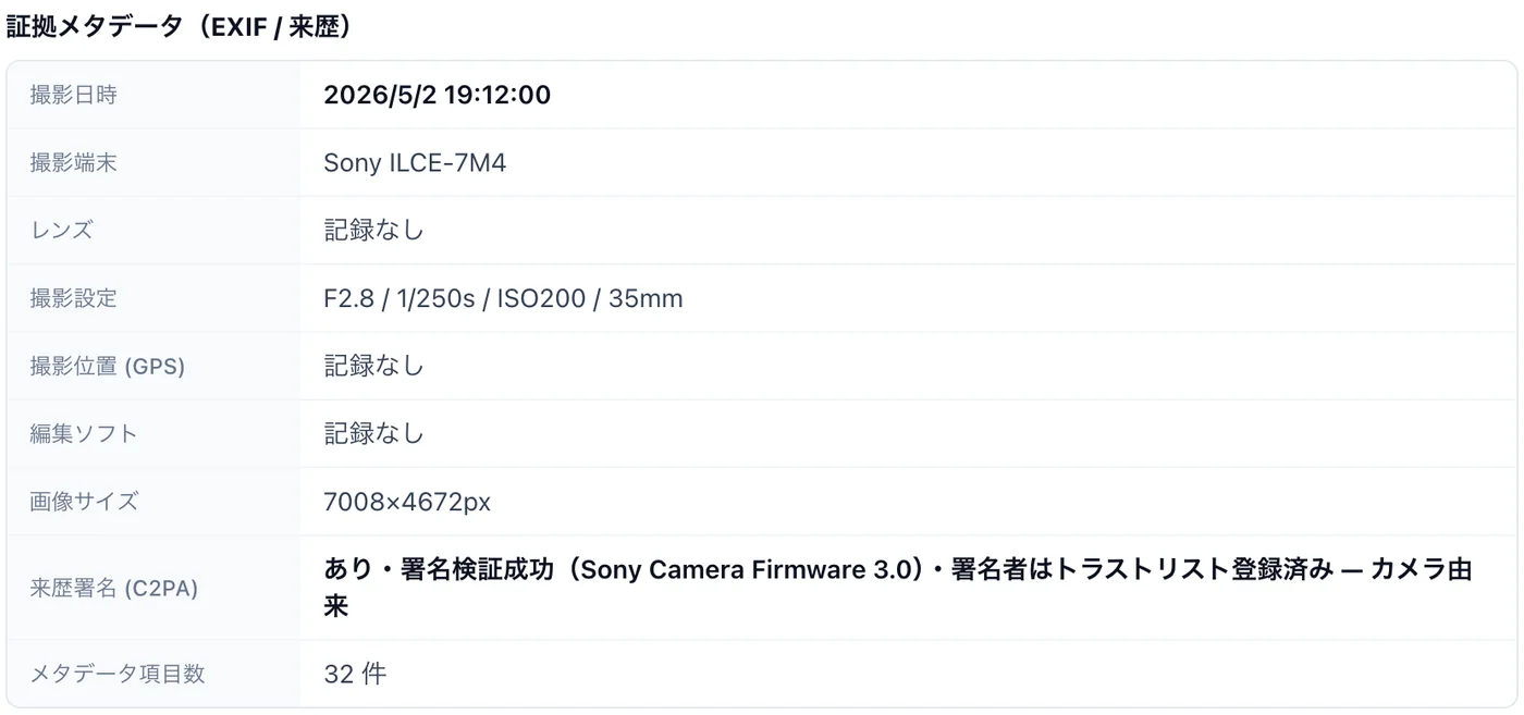 証拠メタデータの画面。撮影日時、撮影端末、撮影設定、電子署名の検証結果が表形式で表示されている